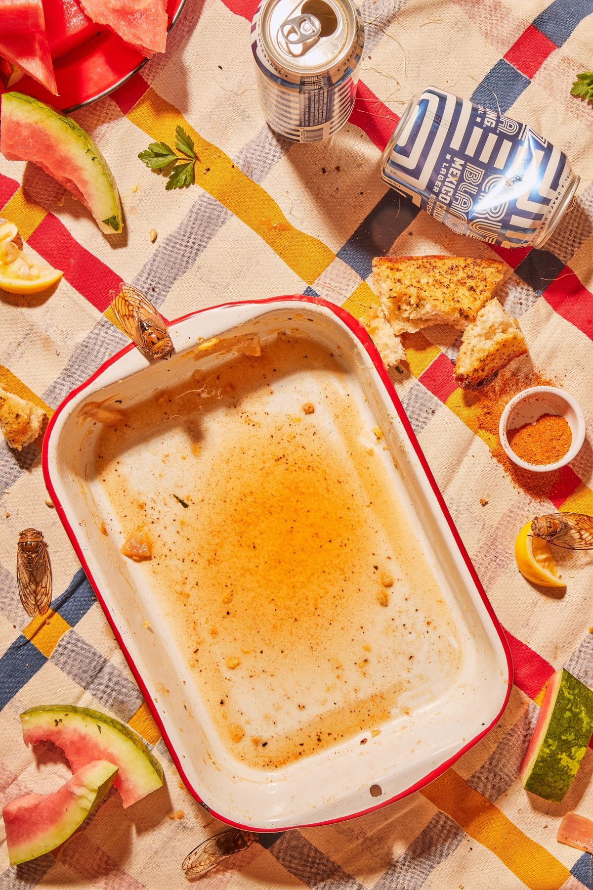 After the boil: an empty pan, watermelon rinds and cans on a plaid tablecloth