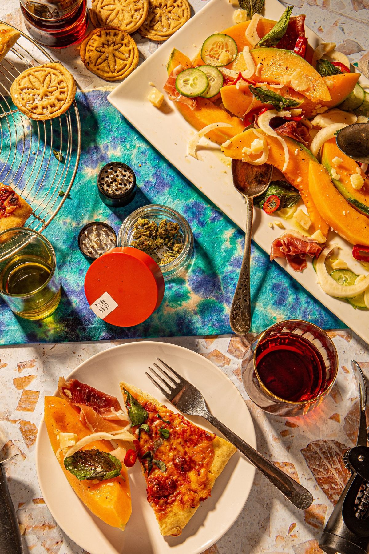 An overhead tablescape from the Different Leaf cannabis dinner